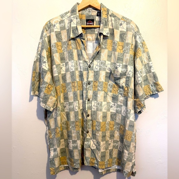 Vintage Harley Davidson Hawaiian Shirt All Over Print Men's 2XL Green/Tan Check - Picture 1 of 12